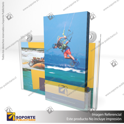 PORTA GRAFICA ACRILICO CON PORTA FOLLETO A5 (14.8*21 CMS) MURO HORIZONTAL 2 MM + VENTOSAS