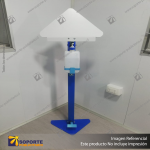 PEDESTAL SANITARIO METALICO DISPENSADOR ALCOHOL GEL MANOS LIBRES BASE TRIANGULAR CON CENEFA